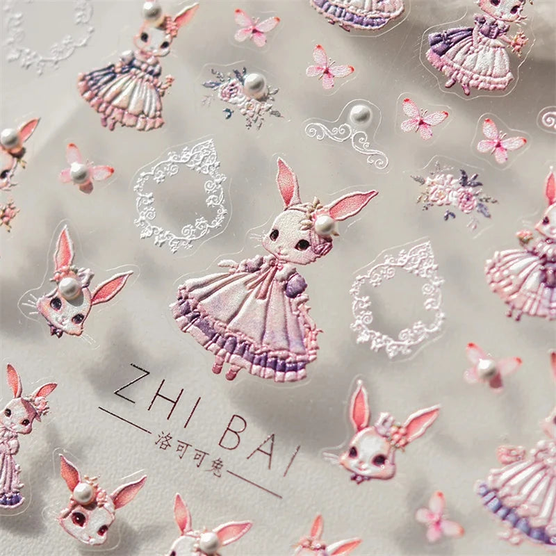 Noble Rococo Bunny Girl Pearl Butterfly Easter Egg Rabbit Soft Relief Self Adhesive 5D Nail Art Decoration Sticker 3D Nail Decal