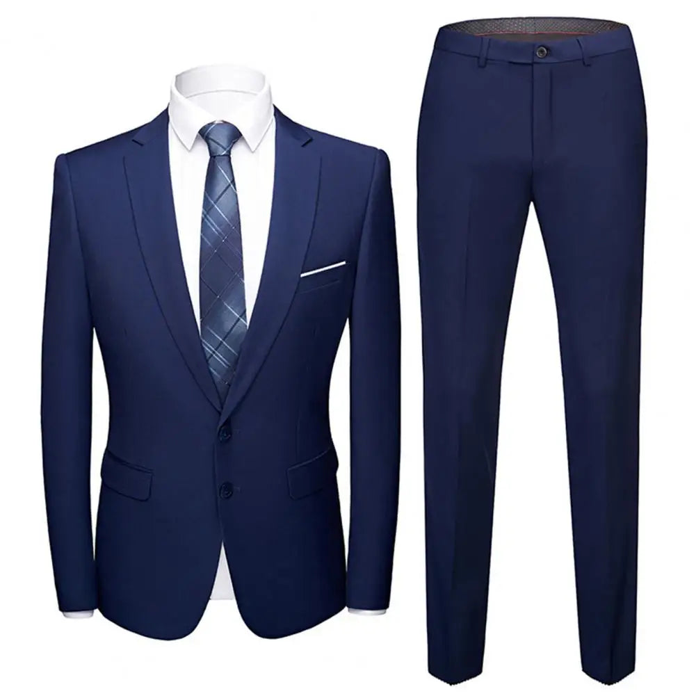 Men Blazer Pants Set Handsome Solid Turndown Collar Long Sleeve Two Buttons Slim Fit Formal Suit Wedding Banquet Groom Suit