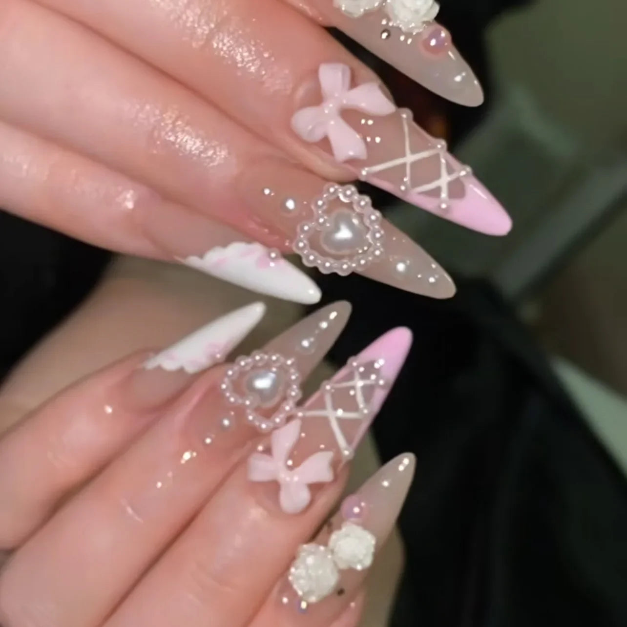 10Pcs French Almond Handmade Press on Nails Bowknot Fake Nails Wearable Stick-on Nails False Nail Накладные Ногти Faux Ongles