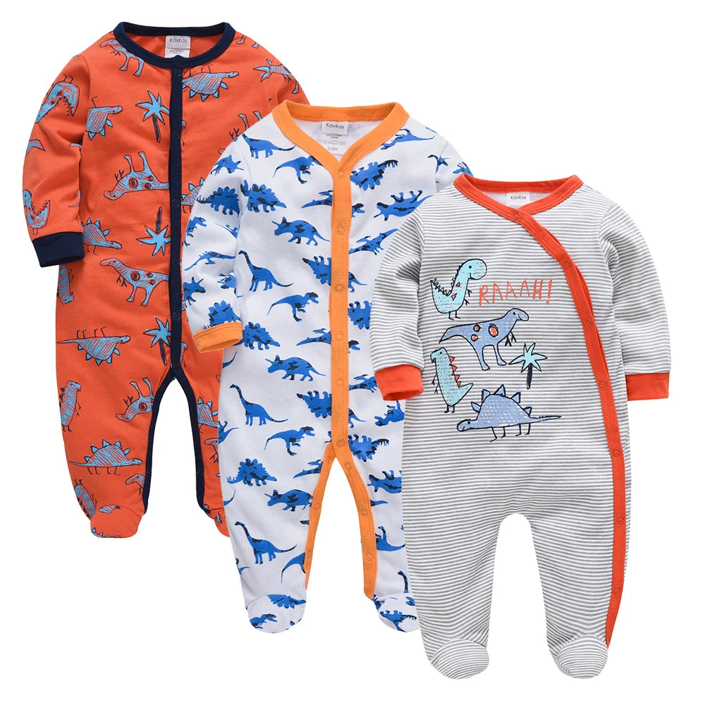 KAVKAS 1/3 Pcs Baby Boys Rompers Cartoon Print Overalls Cotton Infant Clothing Kids Jumpsuit Newborn Pajimas 0-3 Months