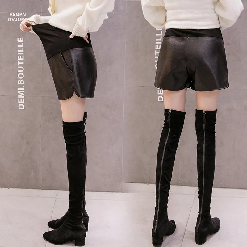Cotton's Belly Patchwork PU Leather Shorts For Pregnant Women Fashionable Wide-legged Short Pants Maternity Side Split Trousers