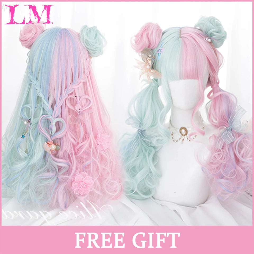 LM White Ombre Black Synthetic Wig for Women Long Curly Wave Wigs with Bangs Cosplay Party Heat Resistant Hair