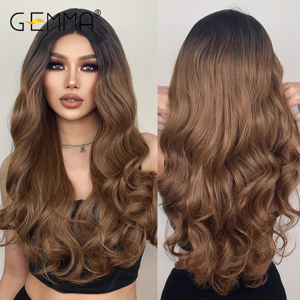 GEMMA Long Wavy Omber Brown Blonde Lace Front Wigs for Women Middle Part Lace Synthetic Wig Heat Resistant Cosplay Daily Hair