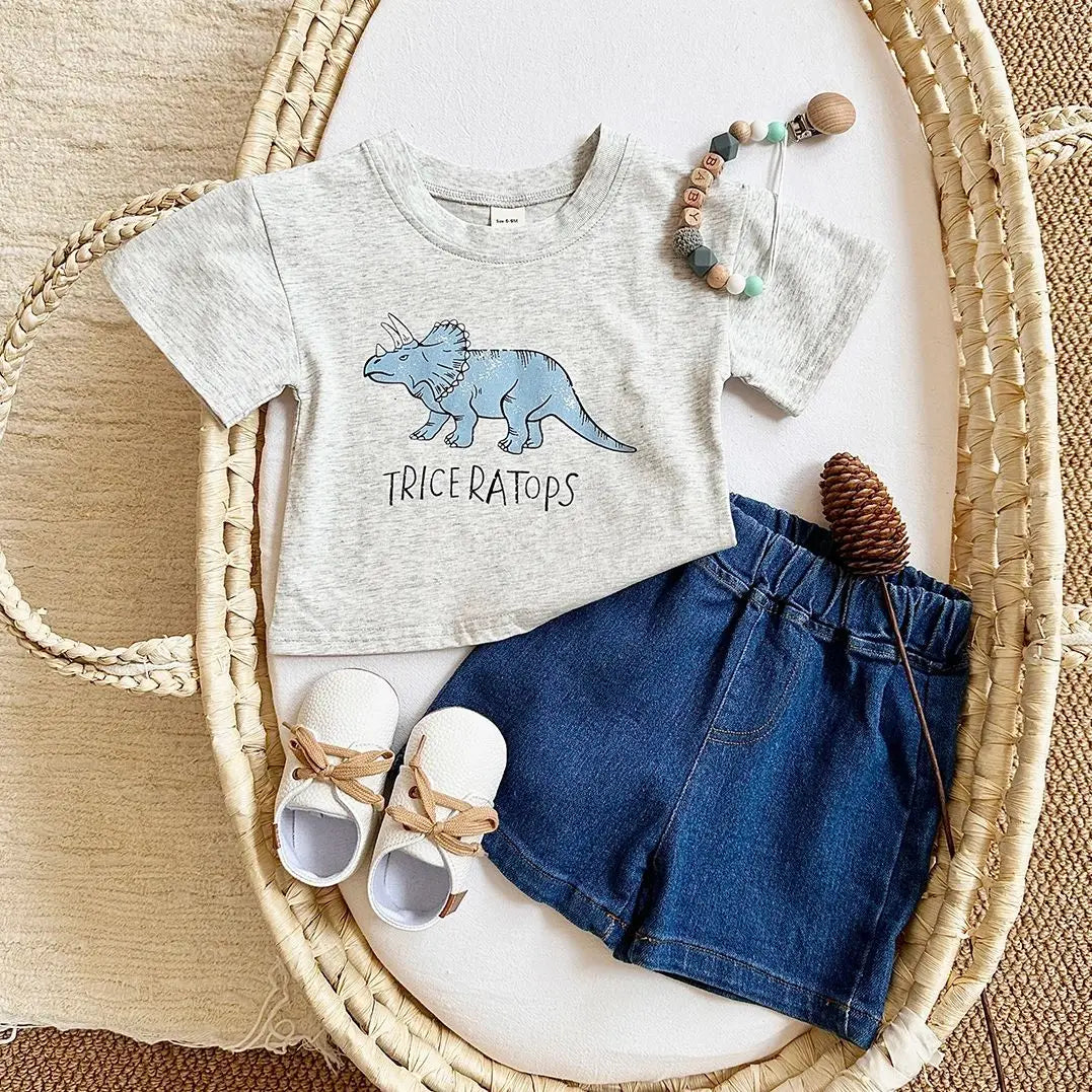 Summer Newborn Baby Boys Clothing Set Dinosaur Print Short Sleeved 2Pcs Casual Denim Shorts Overall Suit Toddler Boys Outfit