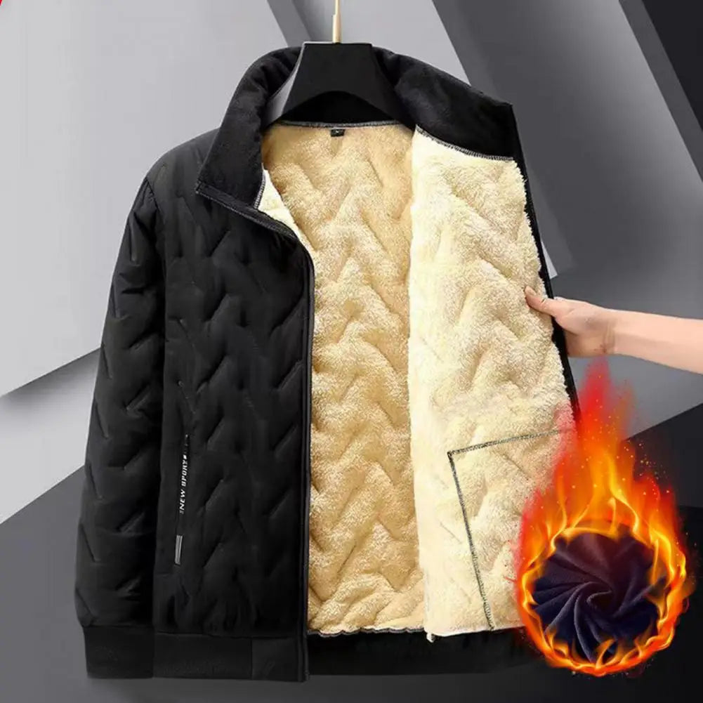 Embossed Lines Jacket Men Jacket Men's Embossed Lines Lapel Jacket with Zipper Pockets Elastic Hem Plush Lining Coat for Warmth