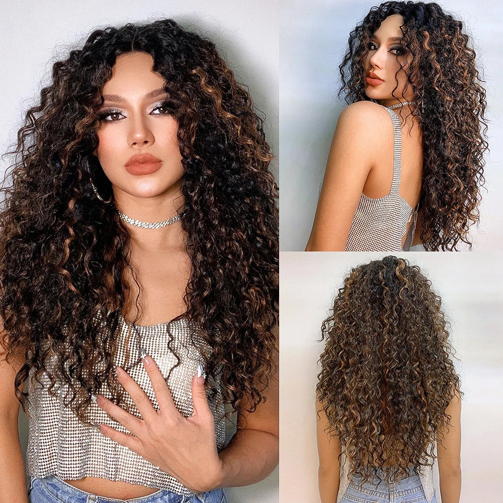GEMMA Long Wavy Omber Brown Blonde Lace Front Wigs for Women Middle Part Lace Synthetic Wig Heat Resistant Cosplay Daily Hair