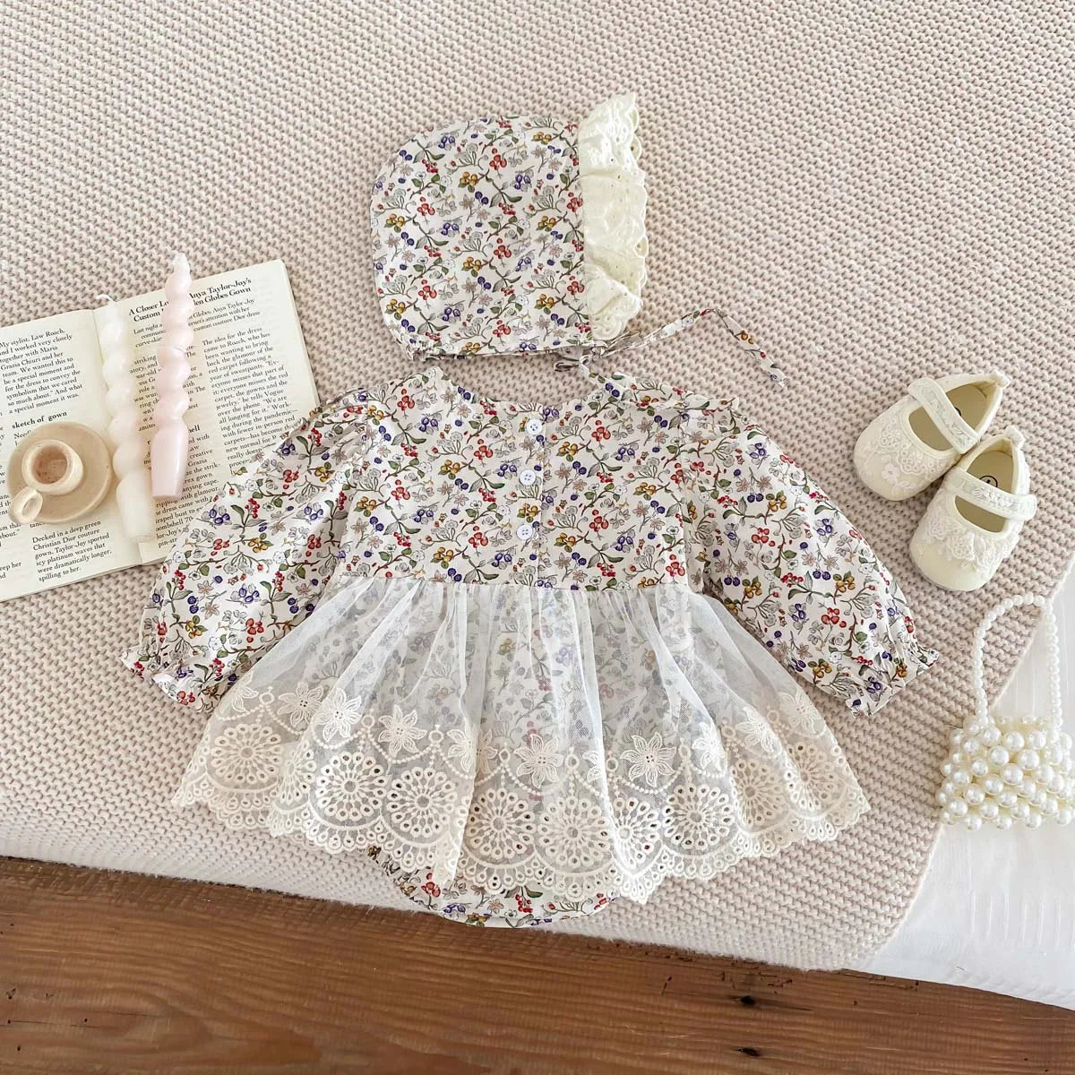 Newborn Girl Romper Lace Cut Out Floral Dress Long Sleeved+ Hat Baby Girl Bodysuit Baby Clothes 0-24 Months