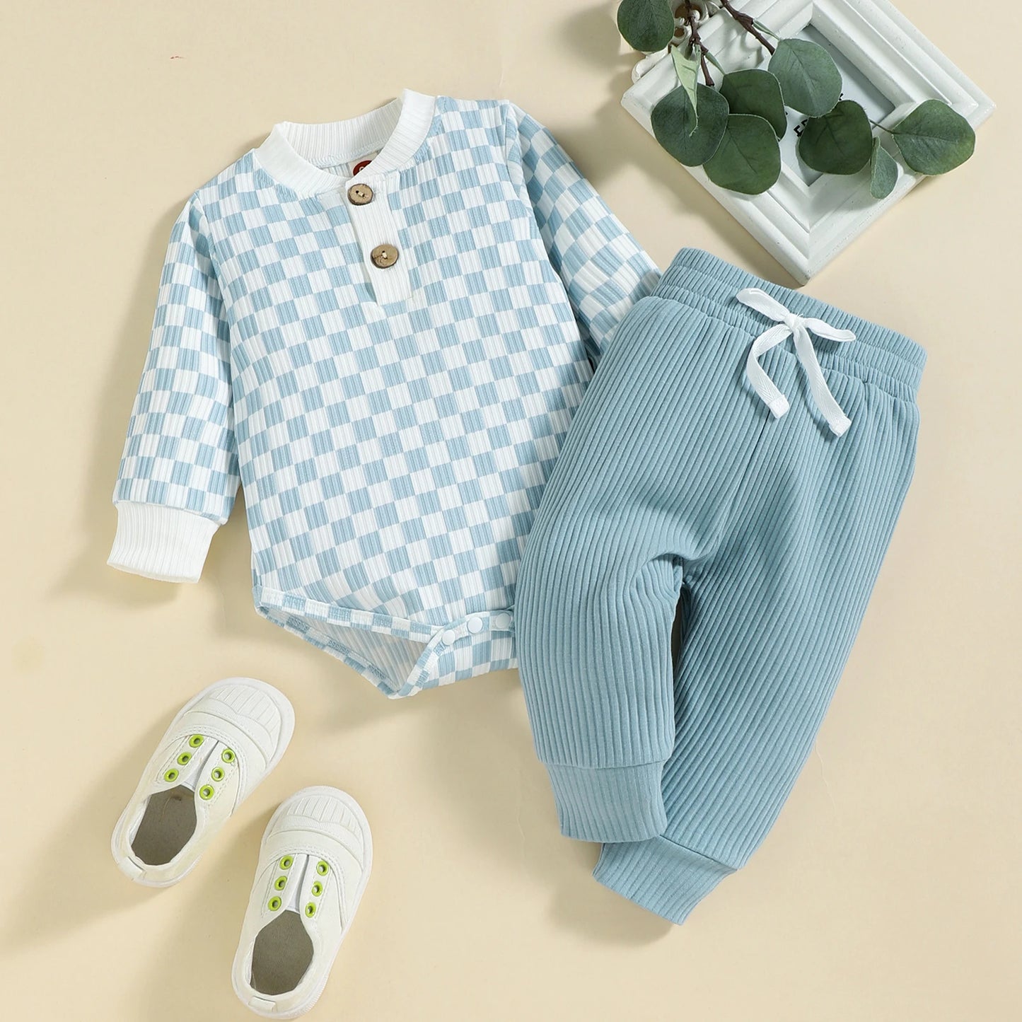 2PCS Autumn Boys And Babies Aged 0-2 Years Old Casual Fashionable Checkerboard Long-Sleeved Top + Solid Color Pants Set