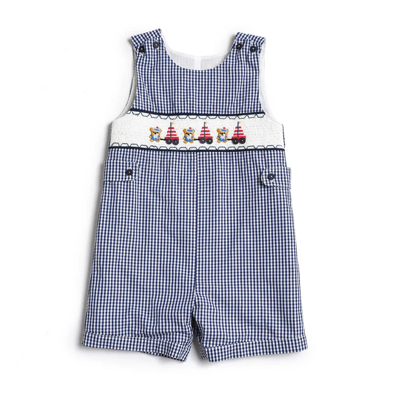 2024 Baby Summer Clothes Boy Embroidery Suspenders Pants Children Plaid Leisure Suit Infants Smocked Clothing Kids Outfits