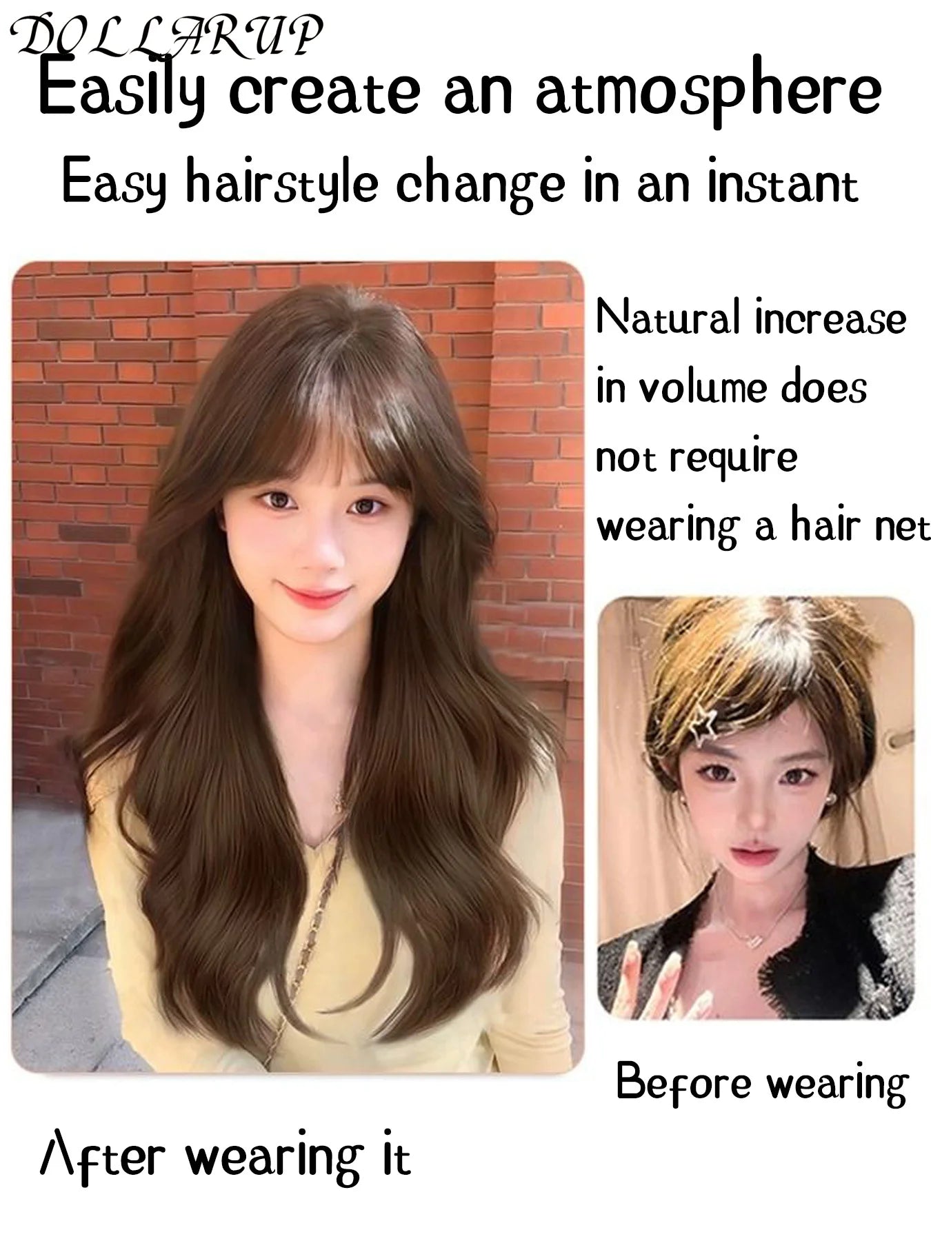 DOLLARUP Hair Toppers with Bangs for Women Synthetic 12.5x12.5 Top Hairpieces Wigs Long Striaght Clip in Hair Extension