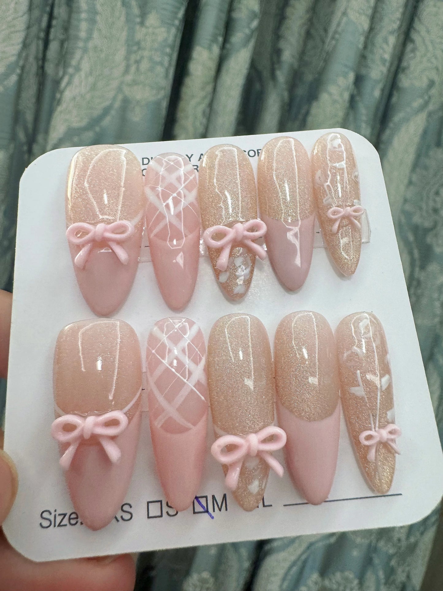 10pcs Handmade Almond Press On Nails Gradient Cat Eye Pink French Fake Nail Bow Design Full Cover Nail Tips Wearable False Nail