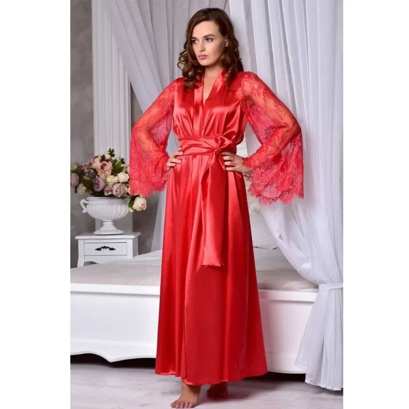 Women's Night Sexy Long Polyester Lingerie Pajamas Bathroom Robe Ice Silk Pajamas Solid Pajamas Thin Night Dress Women