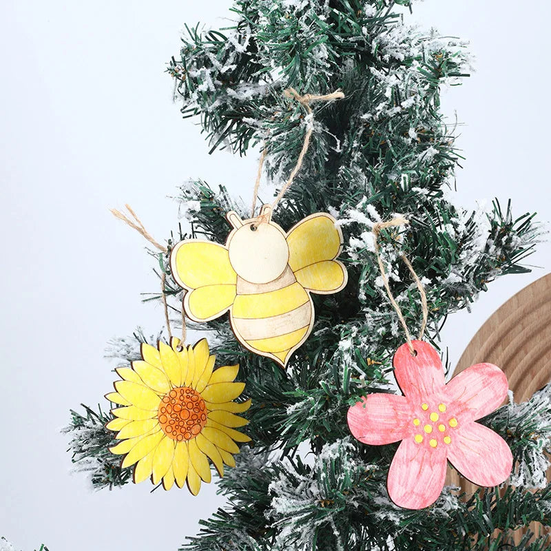 10pcs/set Easter Spring Wooden Ornament Insect Flower Hanging Pendants 2024 Spring Home Decorations DIY Gifts Wrapping Supplies