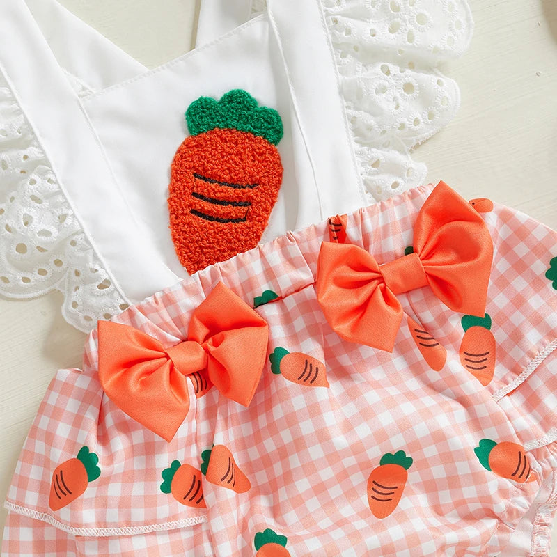 Baby Girl Easter Outfits Hollow Out Flying Sleeveless Square Neck Carrot Print Bodysuit with Bow Headband