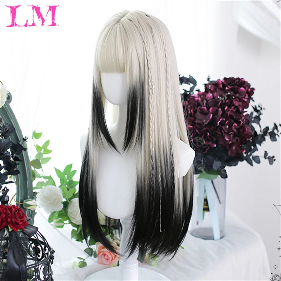 LM White Ombre Black Synthetic Wig for Women Long Curly Wave Wigs with Bangs Cosplay Party Heat Resistant Hair