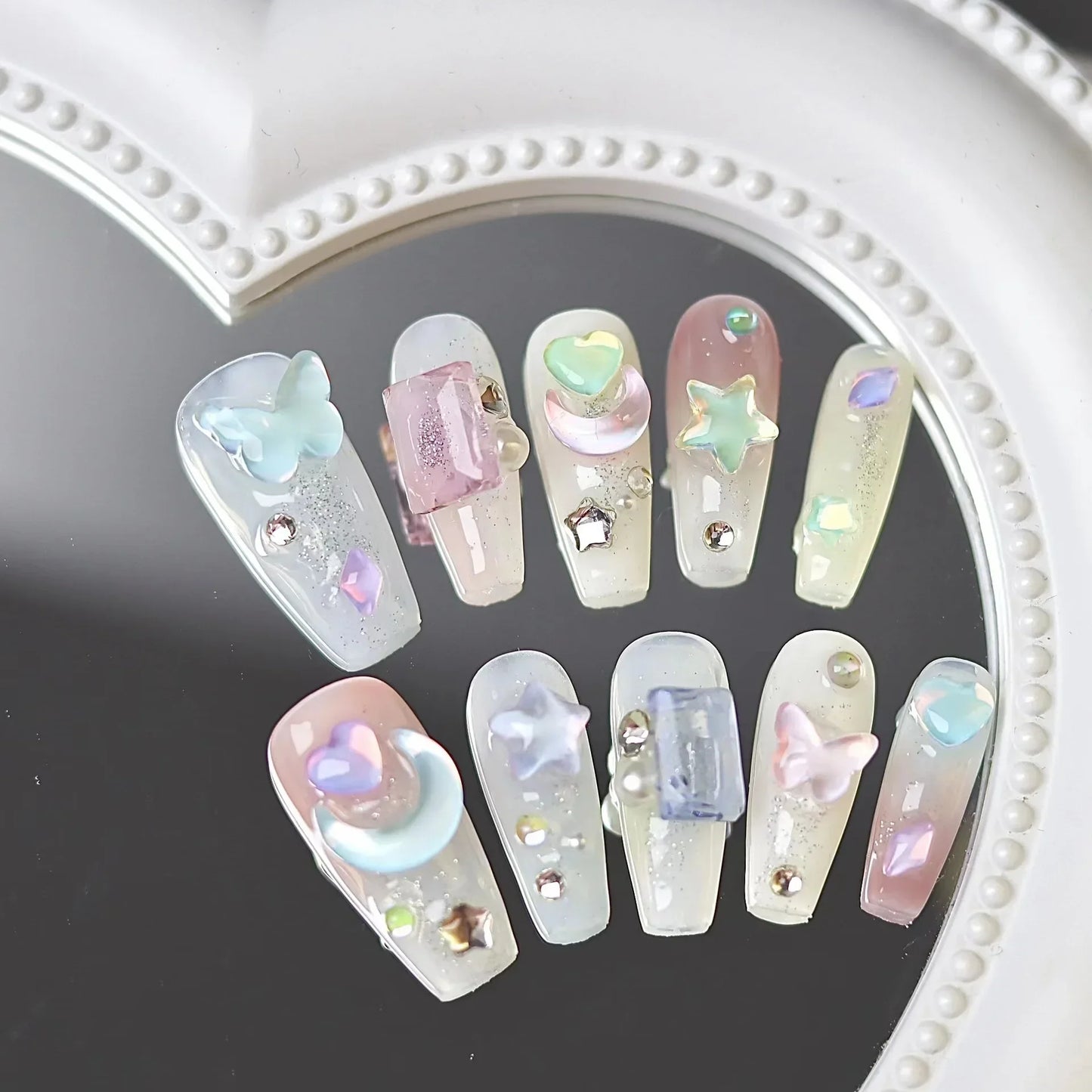 10Pcs Cute Handmade Sweets Press on Nails Ballet French Rhinestone Decoration False Nails Wearable Manicure Fake Nail Tips Art