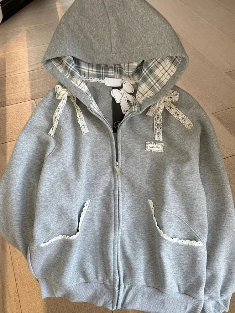 Zoki Lace Patchwork Hoodies Women Cute Bow Long Sleeve Sweatshirt Japan Preppy Style Sweet Loose Long Sleeve Female Gray Outwear