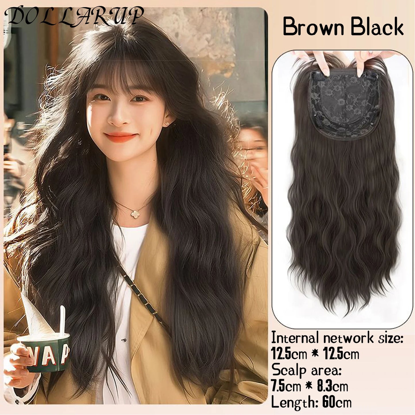 DOLLARUP Hair Toppers with Bangs for Women Synthetic 12.5x12.5 Top Hairpieces Wigs Long Striaght Clip in Hair Extension
