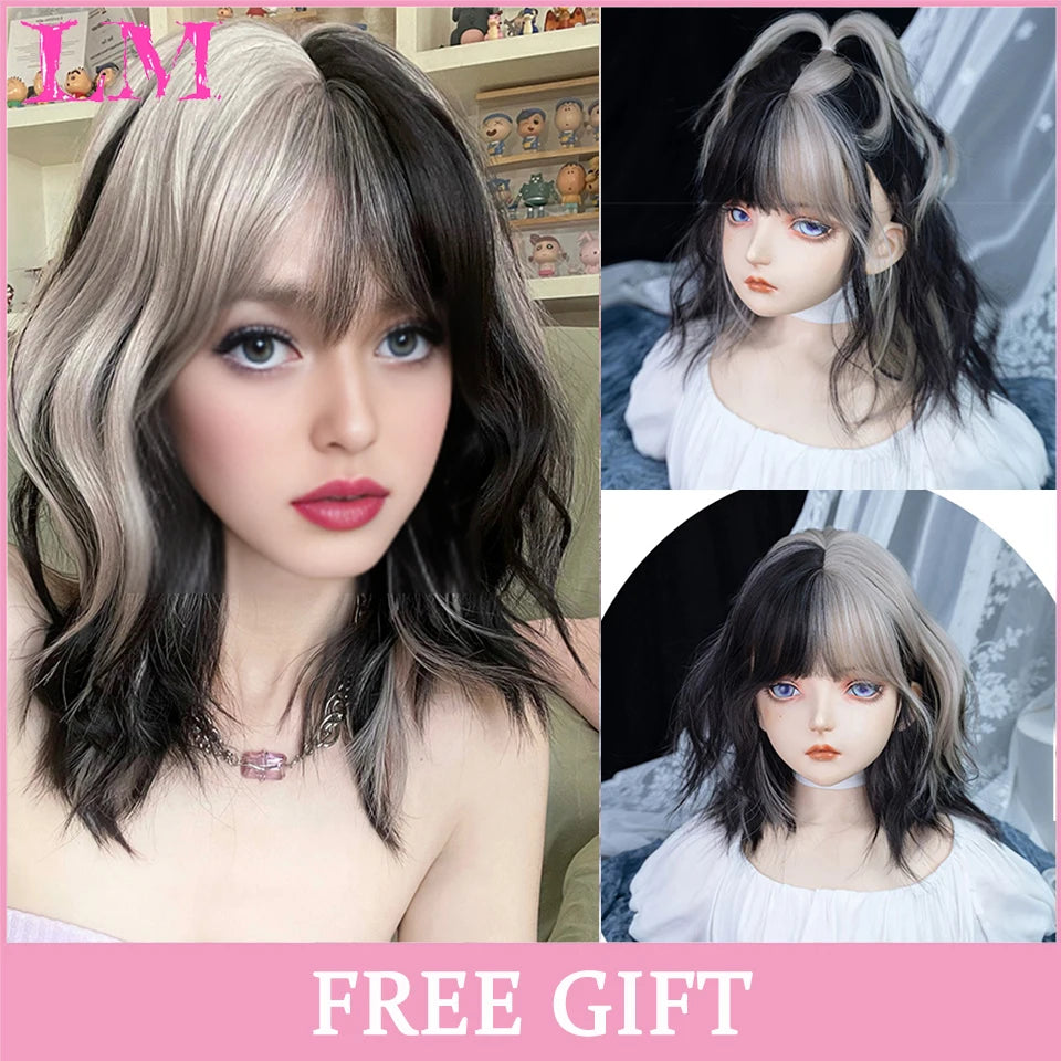 LM White Ombre Black Synthetic Wig for Women Long Curly Wave Wigs with Bangs Cosplay Party Heat Resistant Hair