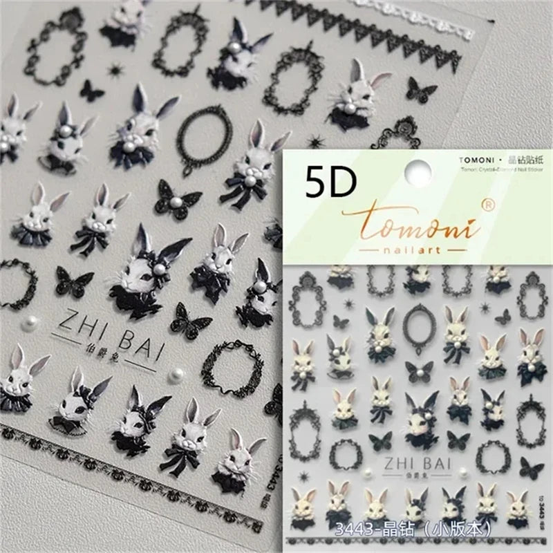 Noble Rococo Bunny Girl Pearl Butterfly Easter Egg Rabbit Soft Relief Self Adhesive 5D Nail Art Decoration Sticker 3D Nail Decal