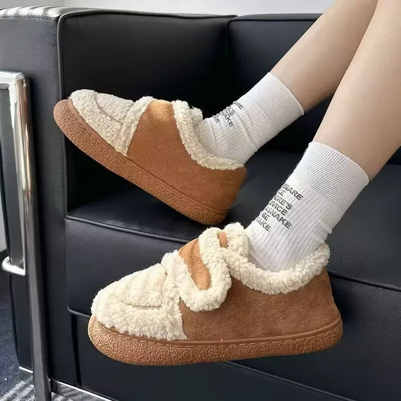 Autumn Winter Women Boots Brown Flannel Plush Warm Home Cotton Shoes Outdoor Platform Snow Boots Soft Sole Household Slippers