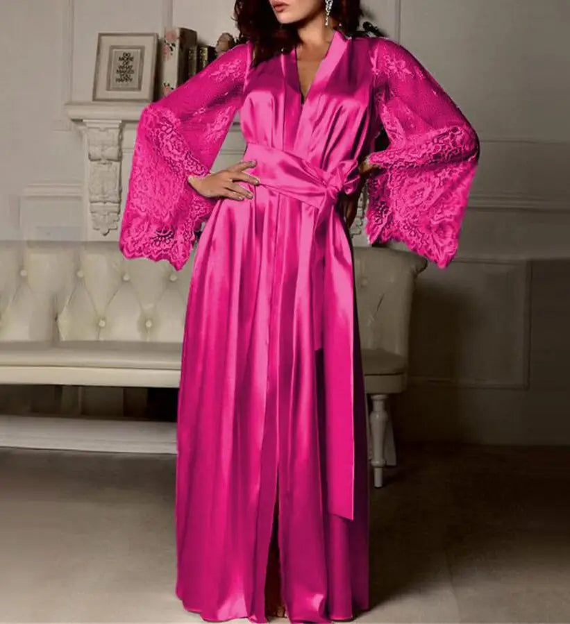Women's Night Sexy Long Polyester Lingerie Pajamas Bathroom Robe Ice Silk Pajamas Solid Pajamas Thin Night Dress Women