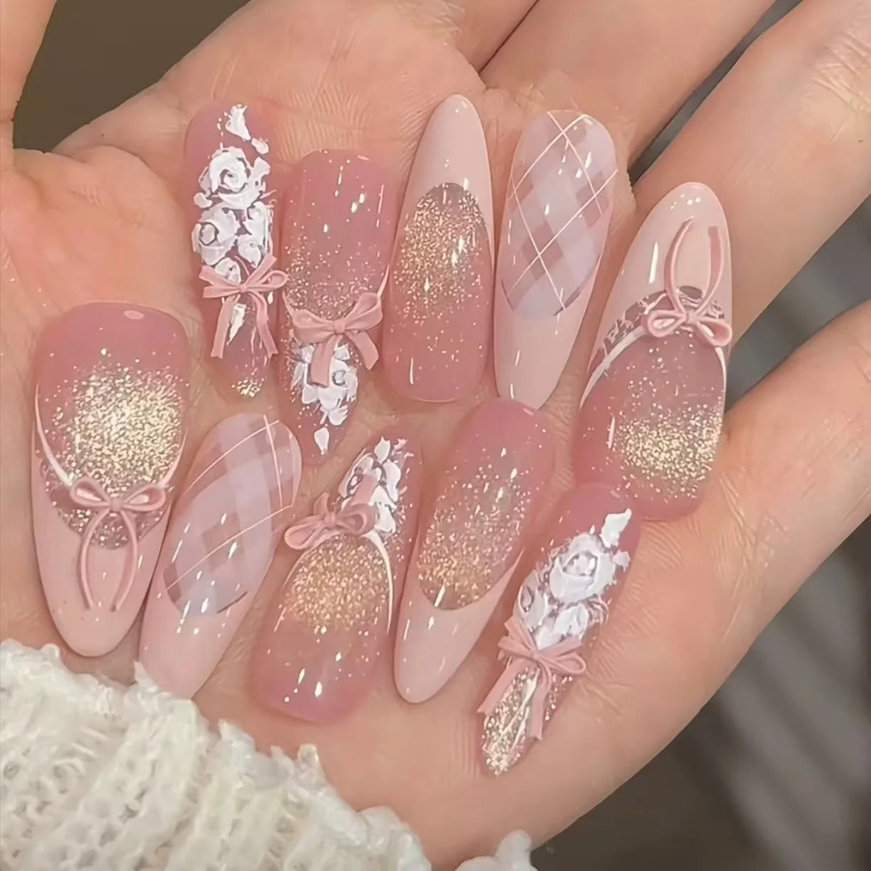 10pcs Handmade Almond Press On Nails Gradient Cat Eye Pink French Fake Nail Bow Design Full Cover Nail Tips Wearable False Nail