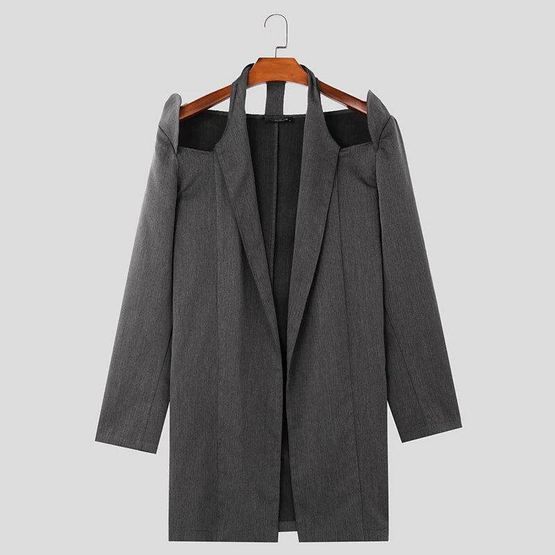 INCERUN Handsome Men's Tops Stylish Shoulder Hollow Medium Long Suit Coat Casual Clubwear Solid Personality Long Sleeved Blazer
