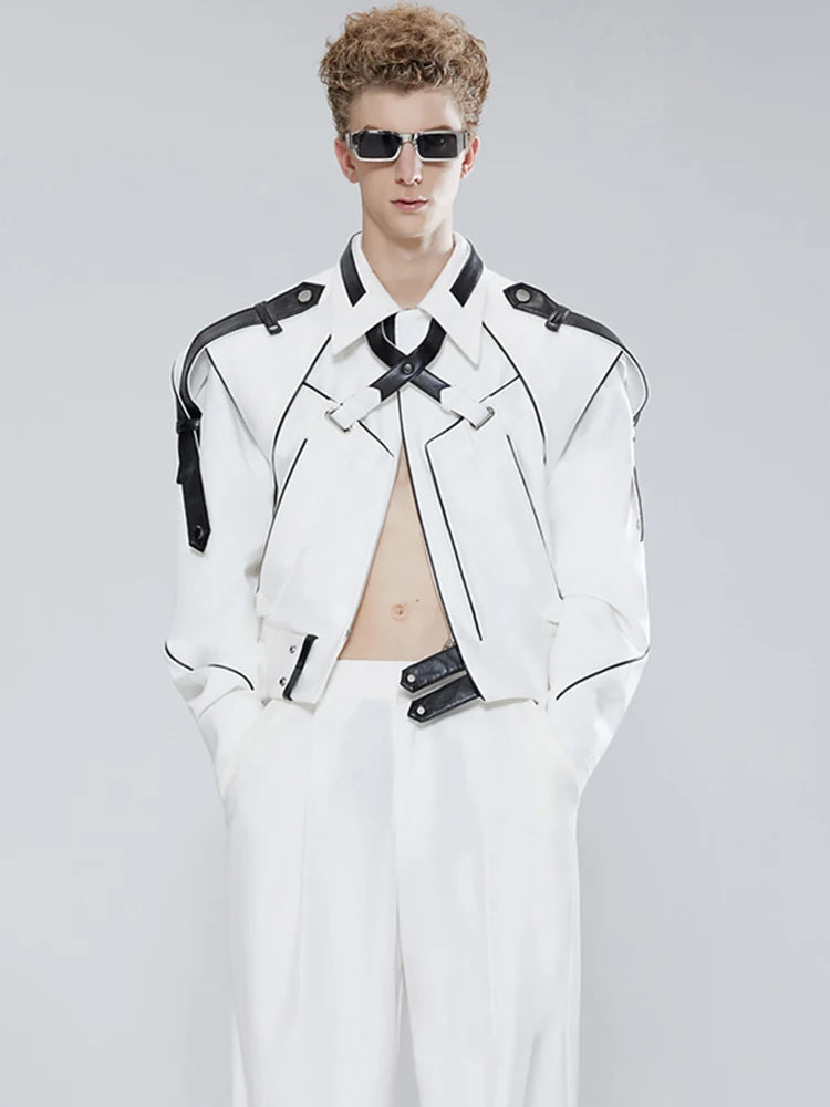 Mauroicardi Spring Autumn Short Patchwork Leather Jackets for Men Long Sleeve Runway Cool Luxury Designer Clothes Fashion 2022
