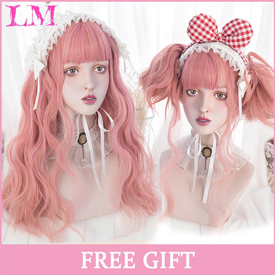LM White Ombre Black Synthetic Wig for Women Long Curly Wave Wigs with Bangs Cosplay Party Heat Resistant Hair