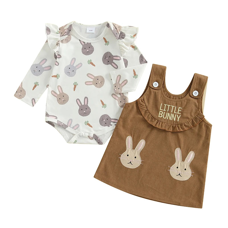 Toddler Baby Girl Easter Outfits Bunny Ruffle Long Sleeve Romper with Overall Dress 2 Piece Spring Sets for Newborn