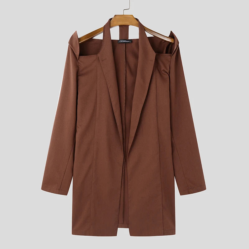 INCERUN Handsome Men's Tops Stylish Shoulder Hollow Medium Long Suit Coat Casual Clubwear Solid Personality Long Sleeved Blazer