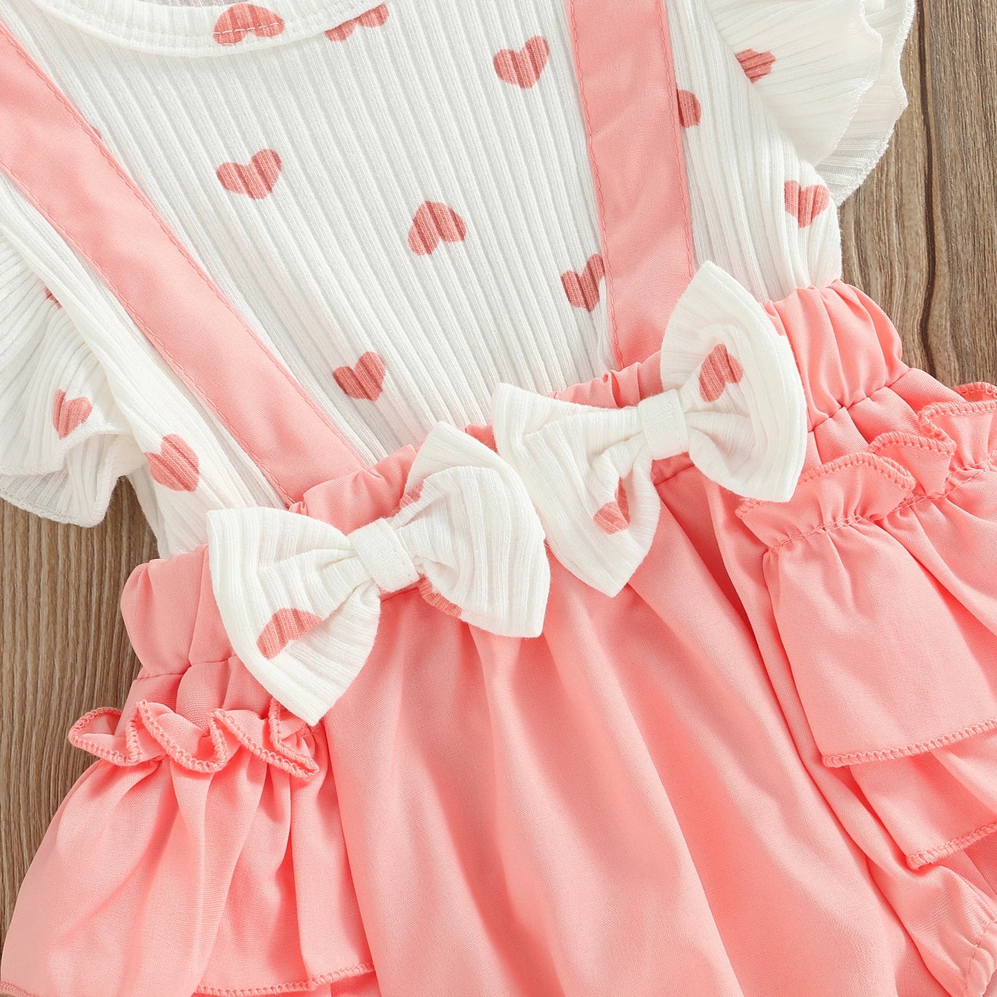Infant Baby Girls Layette, Pink Heart Pattern Fake Two Pieces Romper and Bow Knot Headdress