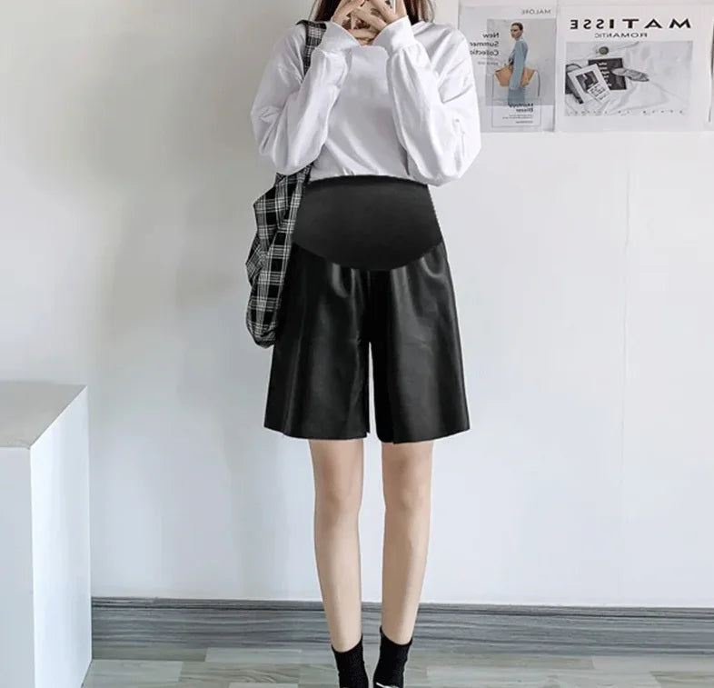 Cotton's Belly Patchwork PU Leather Shorts For Pregnant Women Fashionable Wide-legged Short Pants Maternity Side Split Trousers