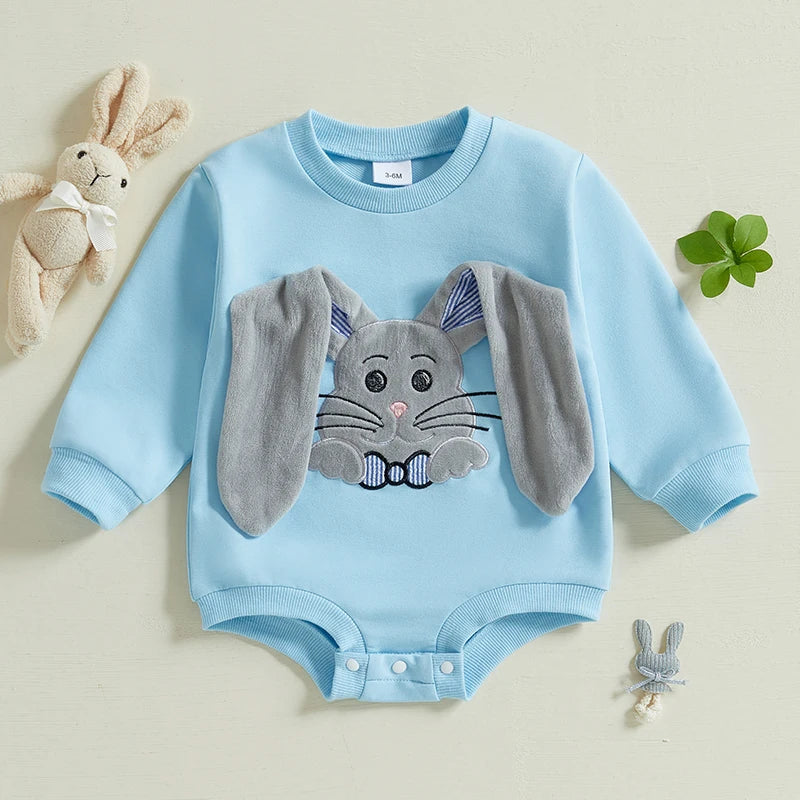 Baby Girl Easter Floral Romper with Bunny Ear Headband Set Spring Outfit Toddler Jumpsuit Clothes Embroidery Detail