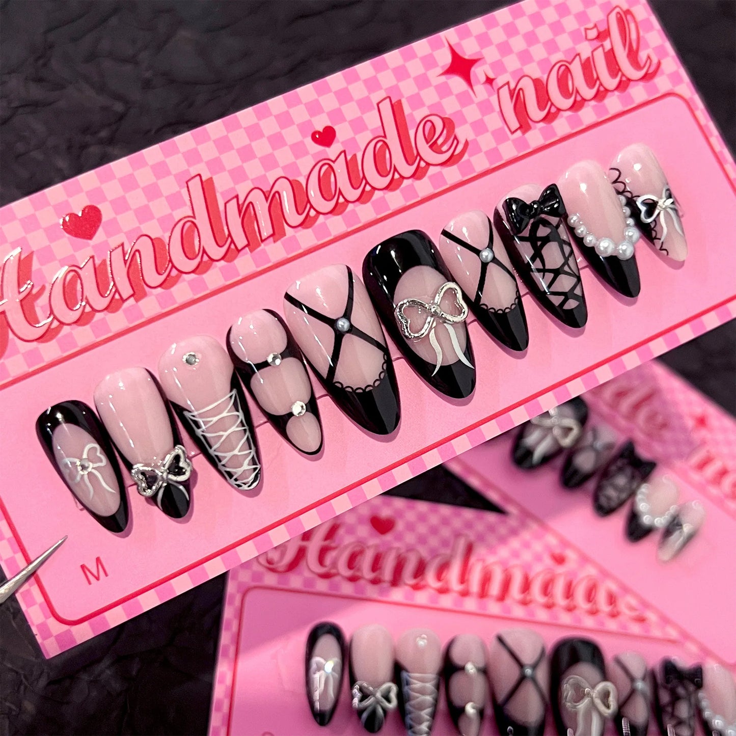 10Pcs French Almond Handmade Press on Nails Bowknot Fake Nails Wearable Stick-on Nails False Nail Накладные Ногти Faux Ongles