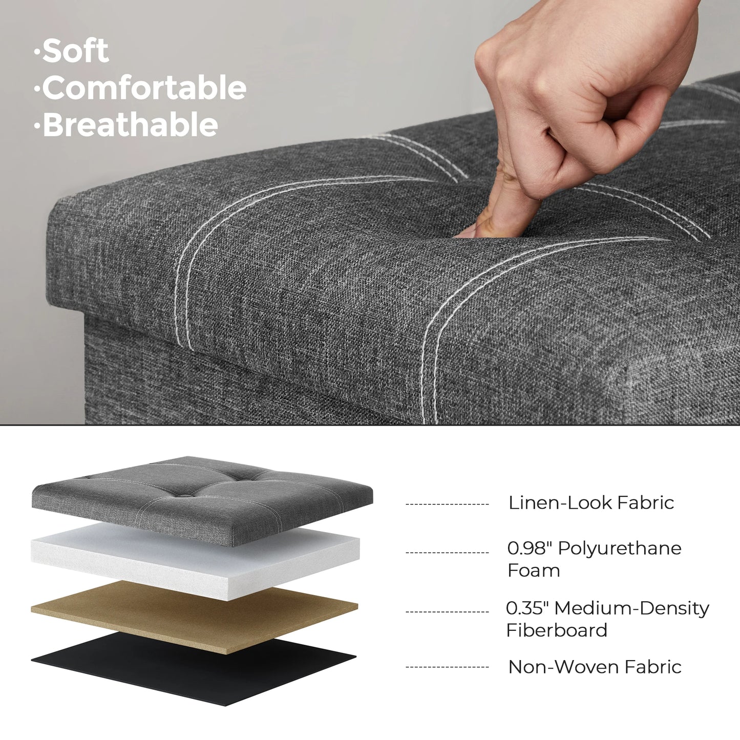 SONGMICS Ottoman Storage Bench, 21 Gal. Folding Chest with Breathable Linen-Look Fabric, Holds 660 lb, for Entryway, Living Room
