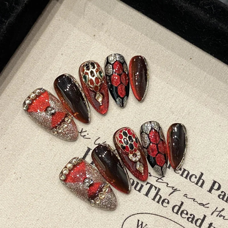 10Pcs French Almond Handmade Press on Nails Bowknot Fake Nails Wearable Stick-on Nails False Nail Накладные Ногти Faux Ongles
