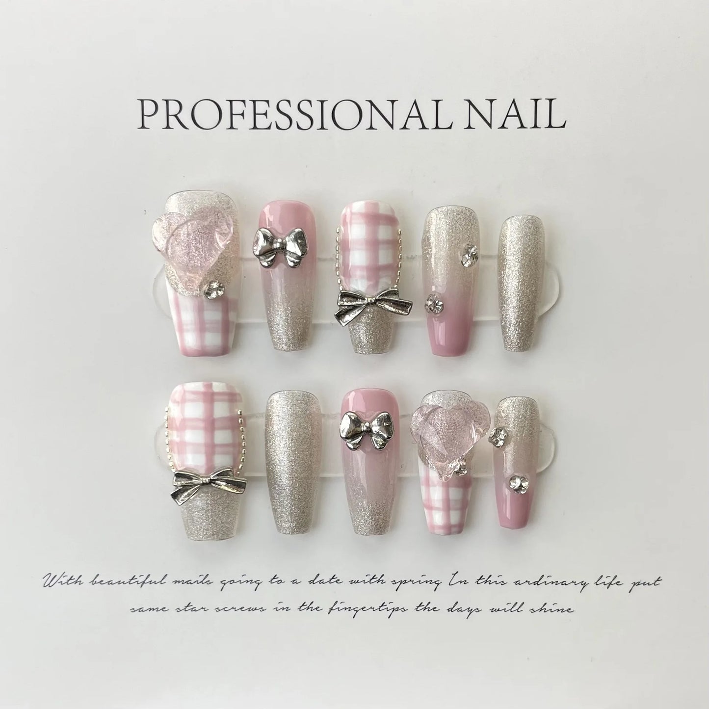 10pcs Handmade Almond Press On Nails Gradient Cat Eye Pink French Fake Nail Bow Design Full Cover Nail Tips Wearable False Nail