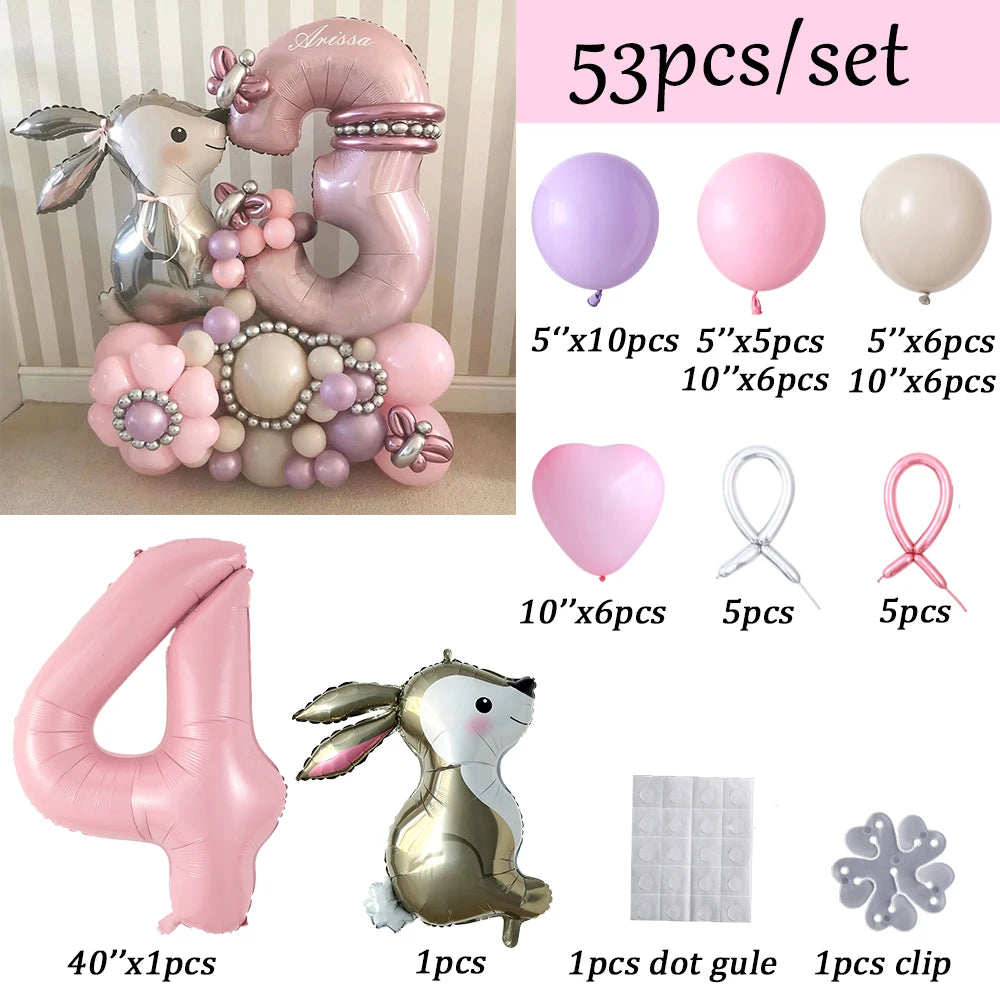 53pcs Easter Bunny Cartoon Rabbit Foil Balloons with Pink 40inch Number Ball Set Child Girls 1st Birthday Party Baby Shower Deco