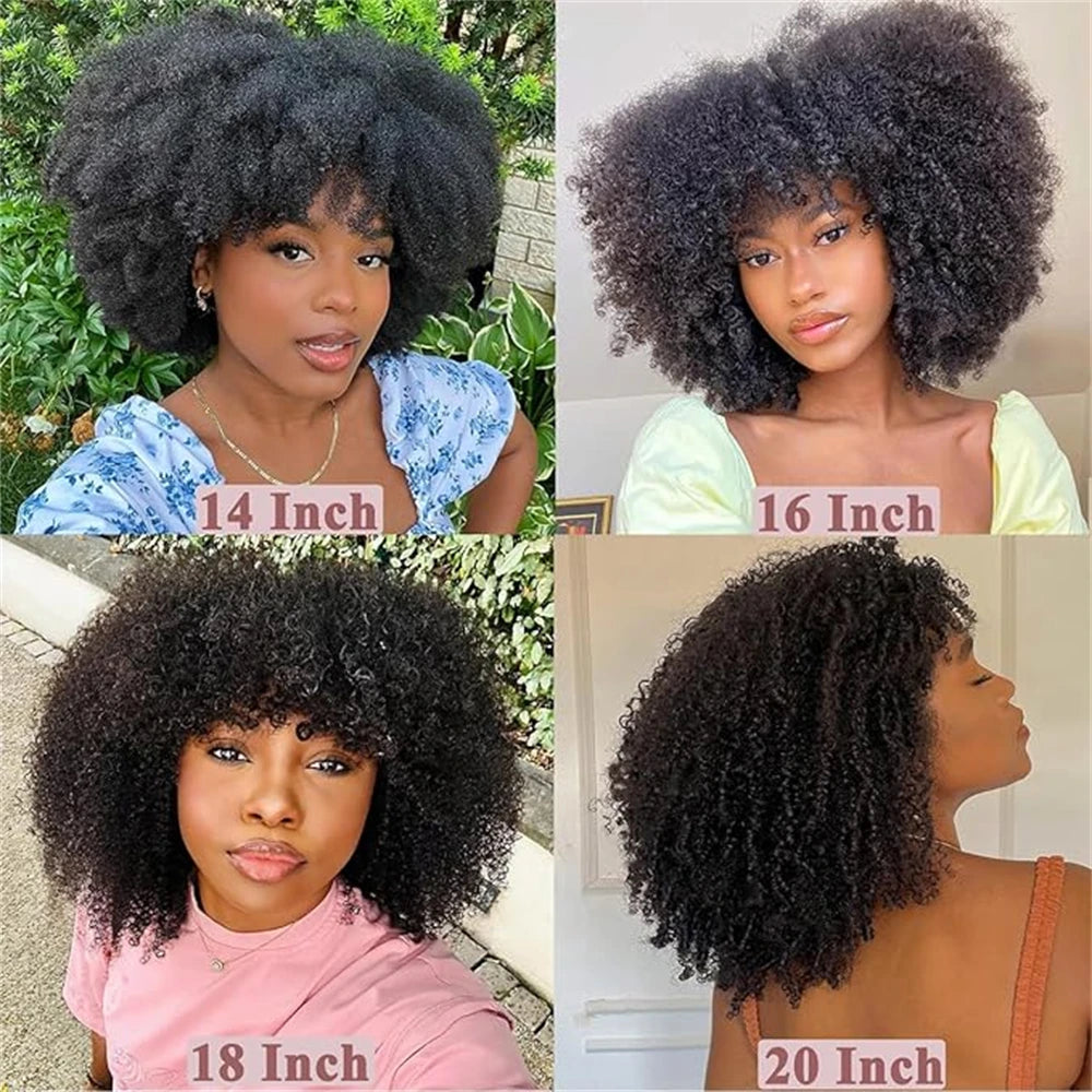 Afro Kinky Curly Wigs With Bangs Full Machine Made Wigs Short Curly Wigs For Black Women 100% Human Hair Wigs 180% Density