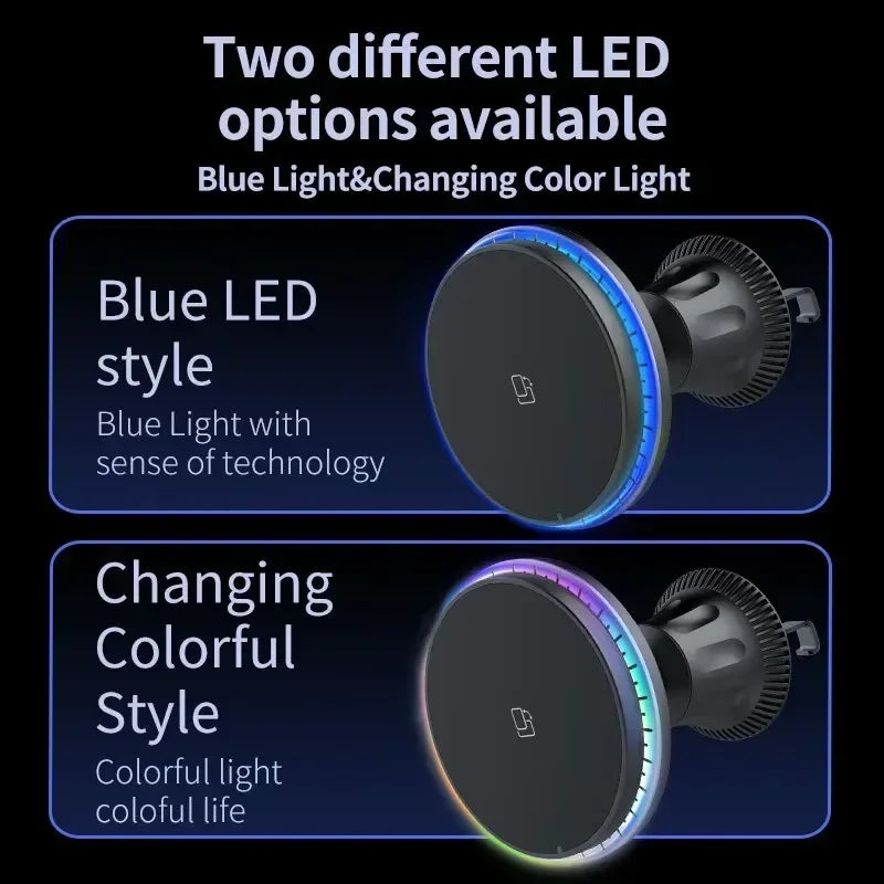 30W Magnetic Car Wireless Chargers RGB LED Light For iPhone 12 13 14 15 Pro Max Phone Holder Stand Mount Fast Charging Station