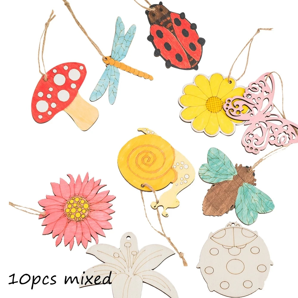 10pcs/set Easter Spring Wooden Ornament Insect Flower Hanging Pendants 2024 Spring Home Decorations DIY Gifts Wrapping Supplies