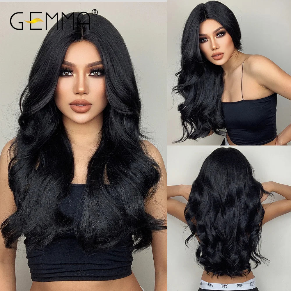 GEMMA Long Wavy Omber Brown Blonde Lace Front Wigs for Women Middle Part Lace Synthetic Wig Heat Resistant Cosplay Daily Hair