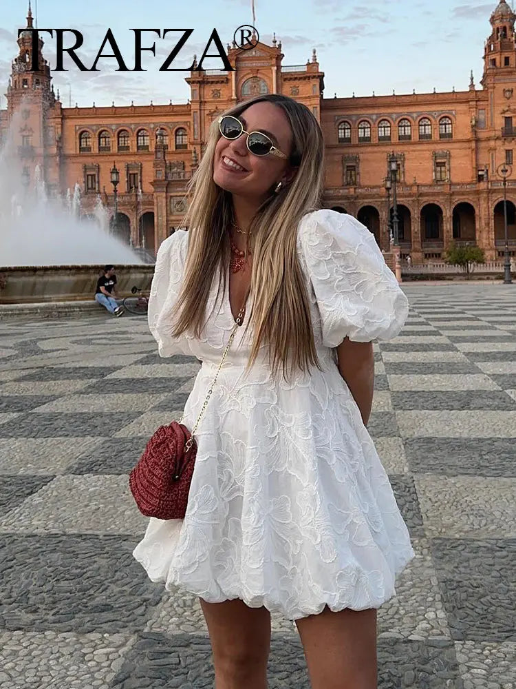 TRAFZA Women Elegant White Dress Short Sleeve V Neck Embroidered Mini Dresses 2024 Summer Female Casual Streetwear Vestidos TRAF