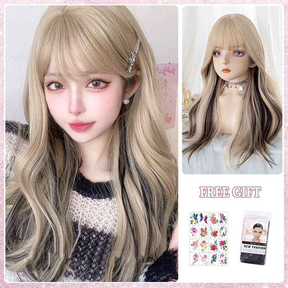 LM White Ombre Black Synthetic Wig for Women Long Curly Wave Wigs with Bangs Cosplay Party Heat Resistant Hair