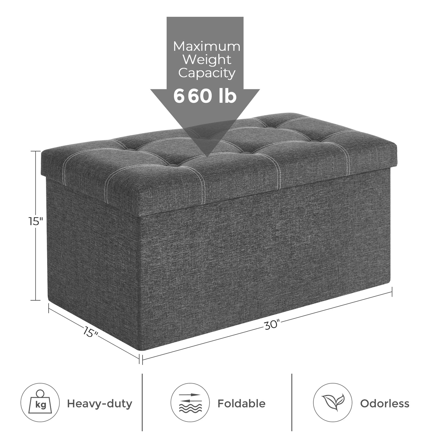 SONGMICS Ottoman Storage Bench, 21 Gal. Folding Chest with Breathable Linen-Look Fabric, Holds 660 lb, for Entryway, Living Room
