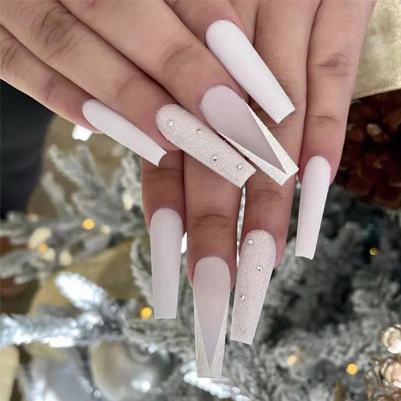 Y2K 24 Pcs Long Coffin Press On Nails Pink And White False Nails Gradient Glitter Artificial Finger Manicure Reusable Fake Nails