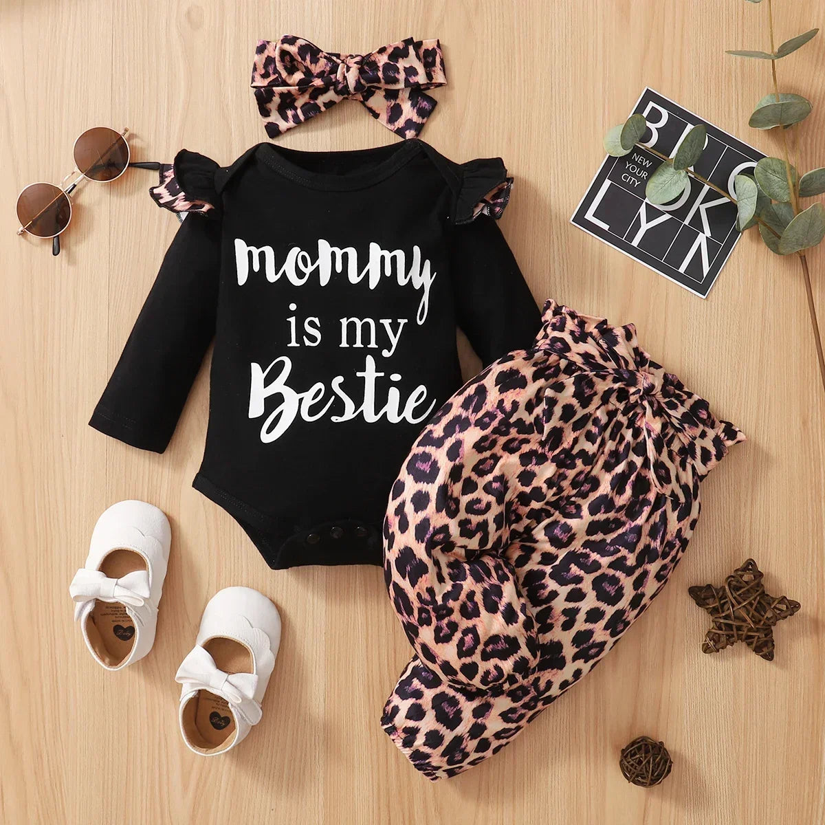 3Pcs Newborn Clothes Baby Girl Clothes Sets Infant Outfit Ruffles Romper Top Bow Leopard Pants New Born Toddler Clothing