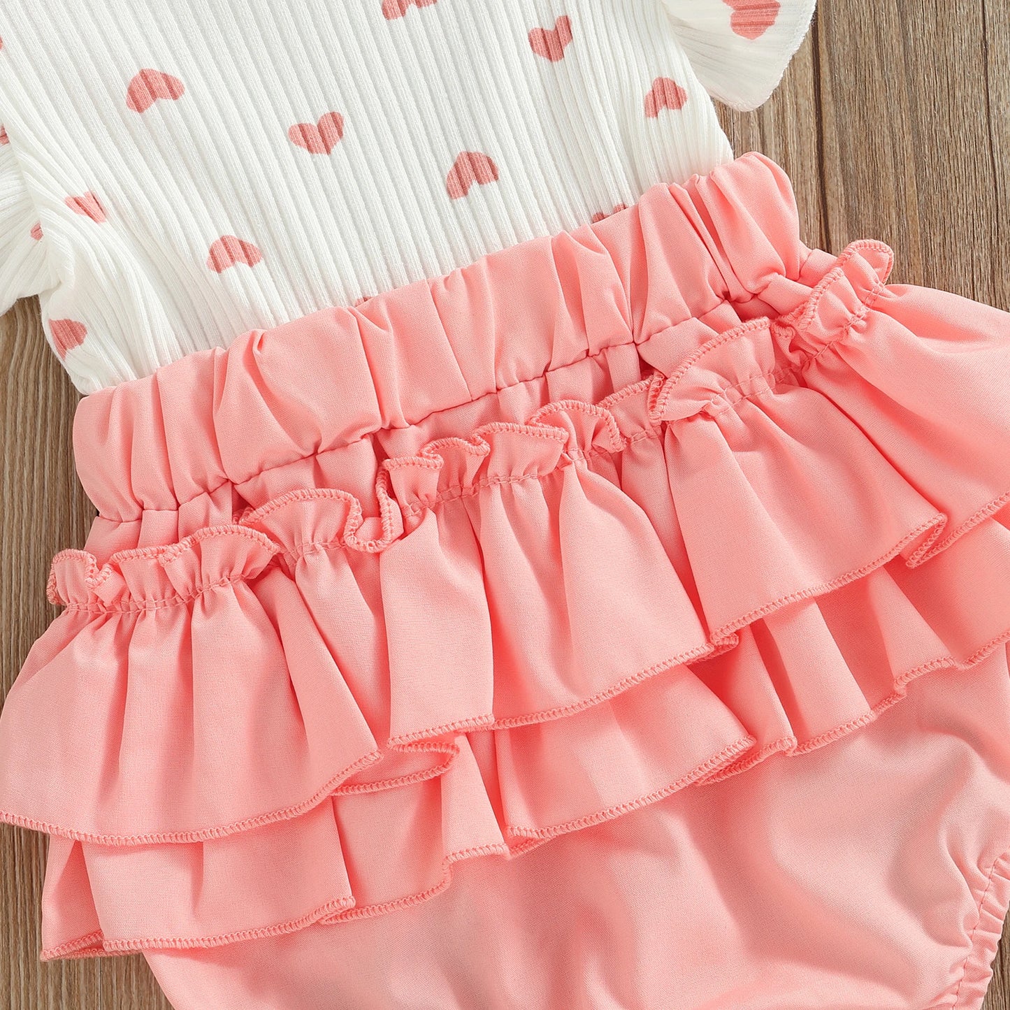 Infant Baby Girls Layette, Pink Heart Pattern Fake Two Pieces Romper and Bow Knot Headdress